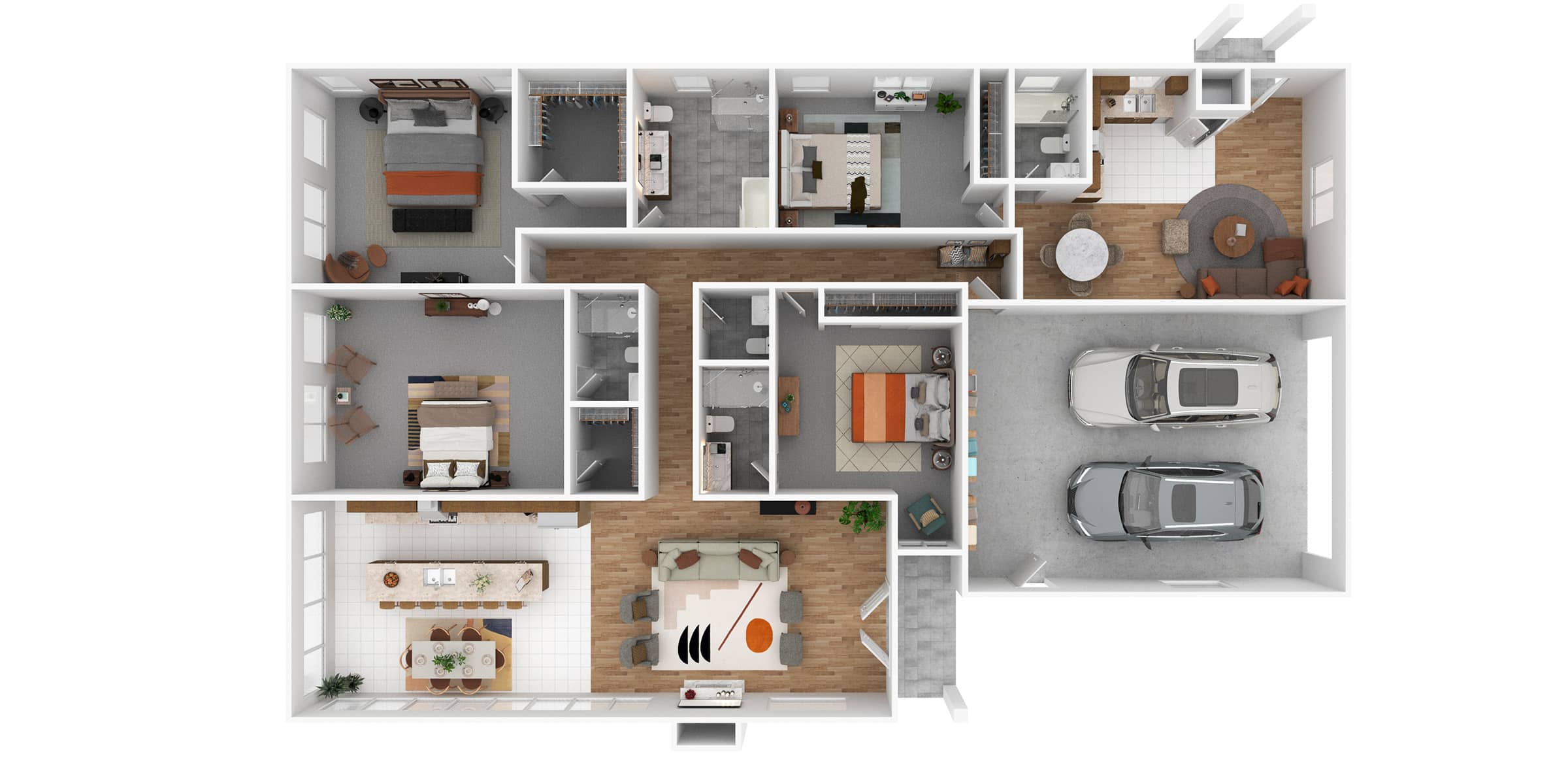 Furnished 3D residential floor plan with a two-car garage